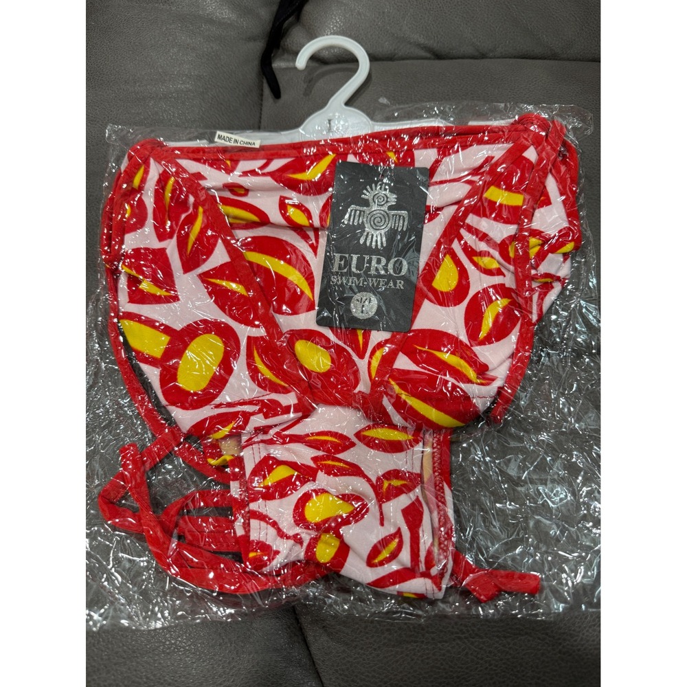 Euro Swimwear Red Yellow Abstract Print Side Tie Bikini set NWT Size Medium